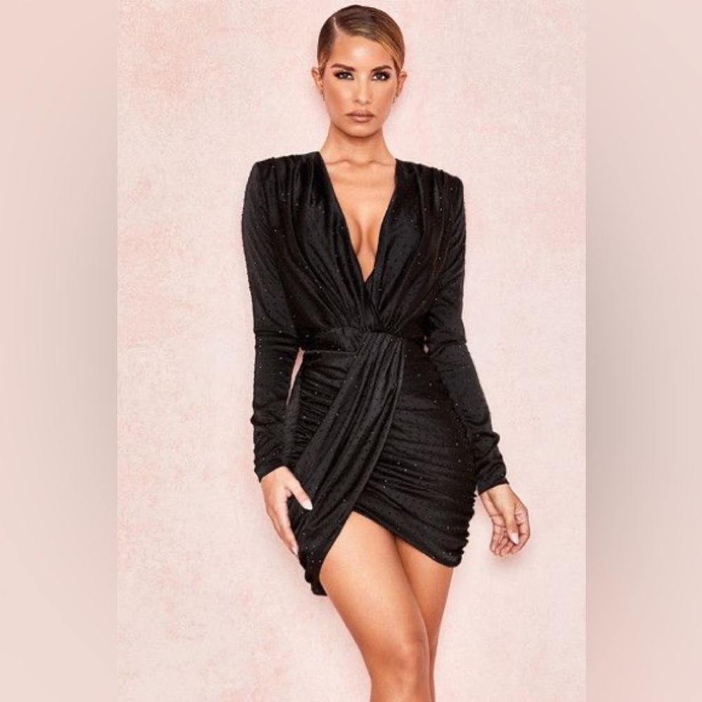 House of CB London Tatja Embellished Draped Satin Mini Dress Black